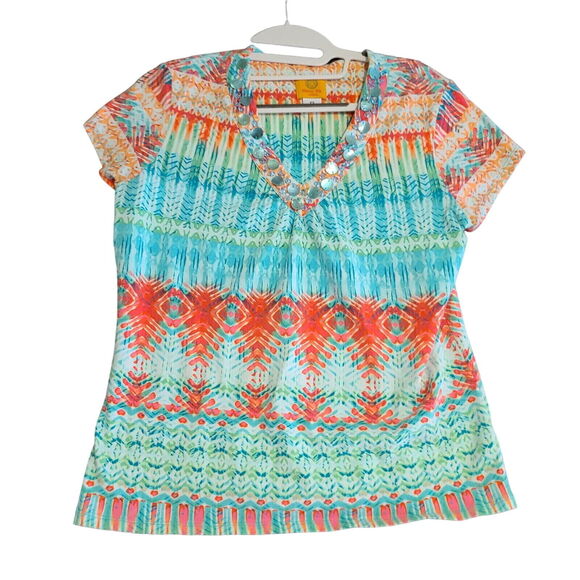 Ruby Rd Petites Womens Blouse Multi-Color Size PS Cotton Blend Stretch Pullover - Picture 1 of 12